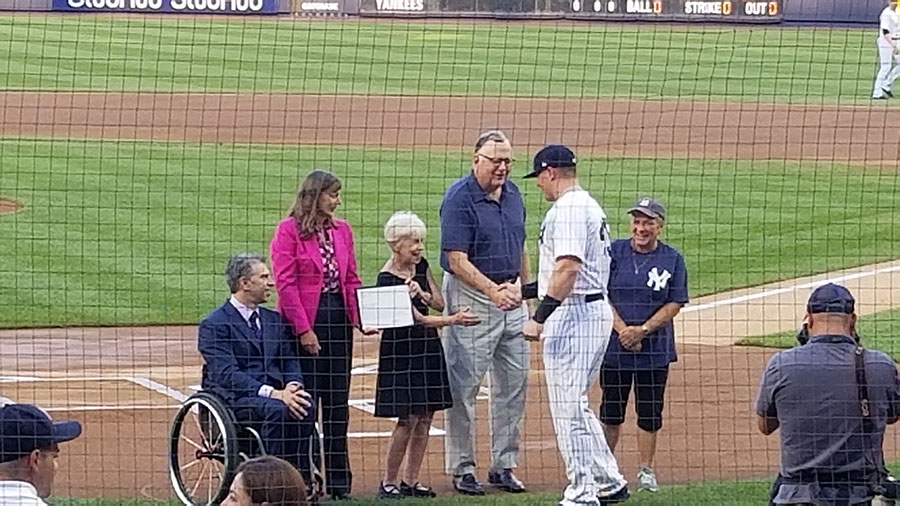 Dan Cunningham - avid Yankees fan - at Yankee Stadium, 2018, to celebrate Disability Awareness by honoring Fredda Rosen and Job Path.