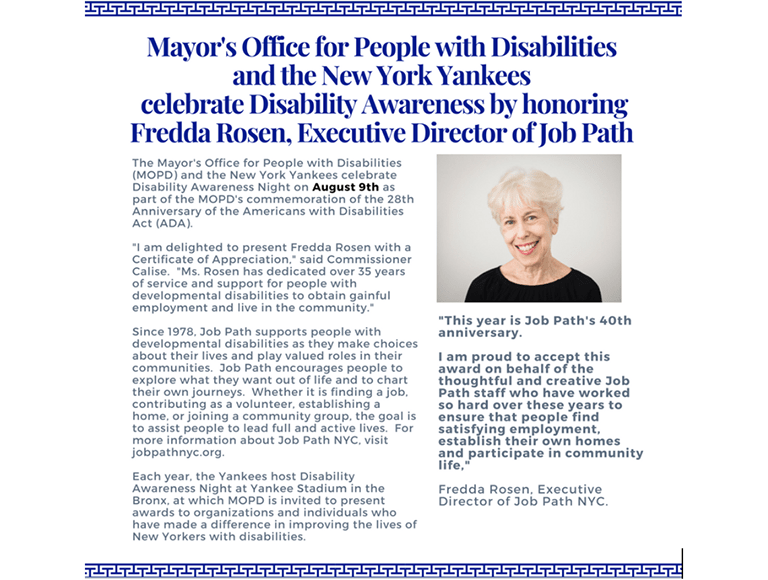 Image of press release from the NYC Mayor's office stating they are honoring Fredda Rosen and Job Path.