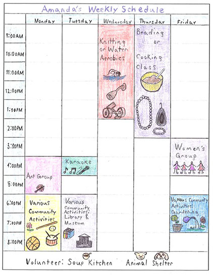 Amanda's schedule showing various activities in her week, such as Art Group, knitting, karaoke, cooking class and gardening.
