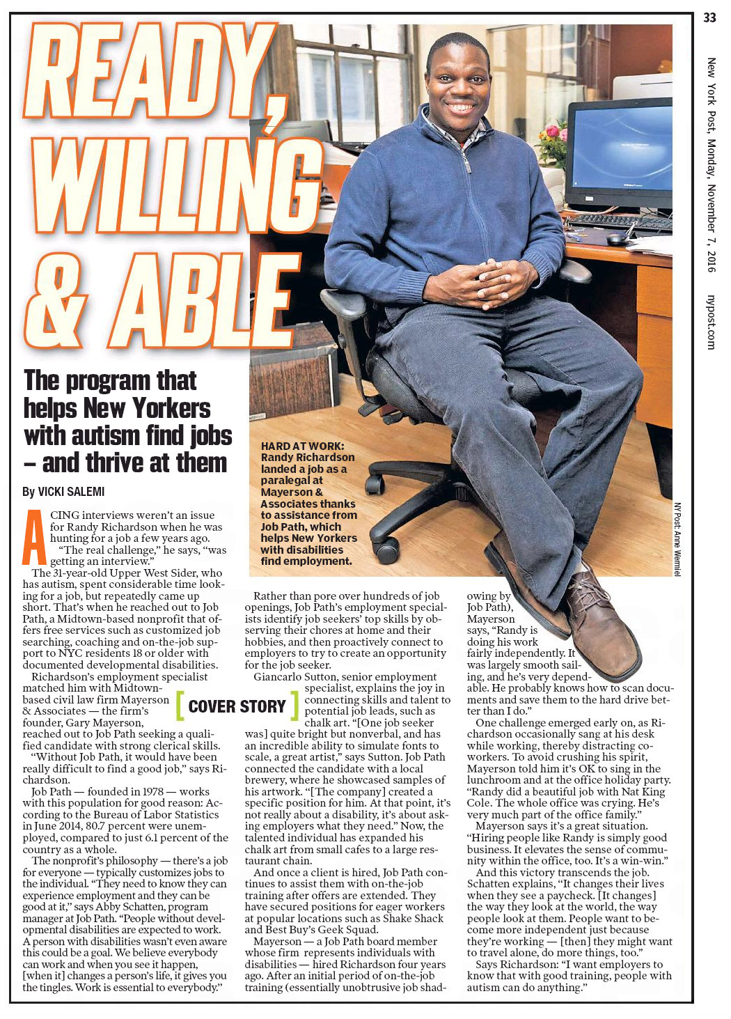 NY Post article about Job Path's employment program which includes photo of Randy at work