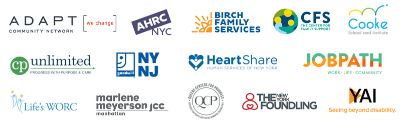 Logos of the CCE partner agencies: Adapt, AHRC, Birch Family Services, CFS, Cooke School and Institute, CP Unlimited, NYNJ Goodwill, Heartshare, Job Path, Life's WORC, Marlene Meyerson JCC, QCP, The Foundling, and YAI